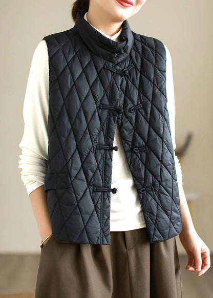 Beige Plaid Button Solid Fine Cotton Sleeveless Stand Collar