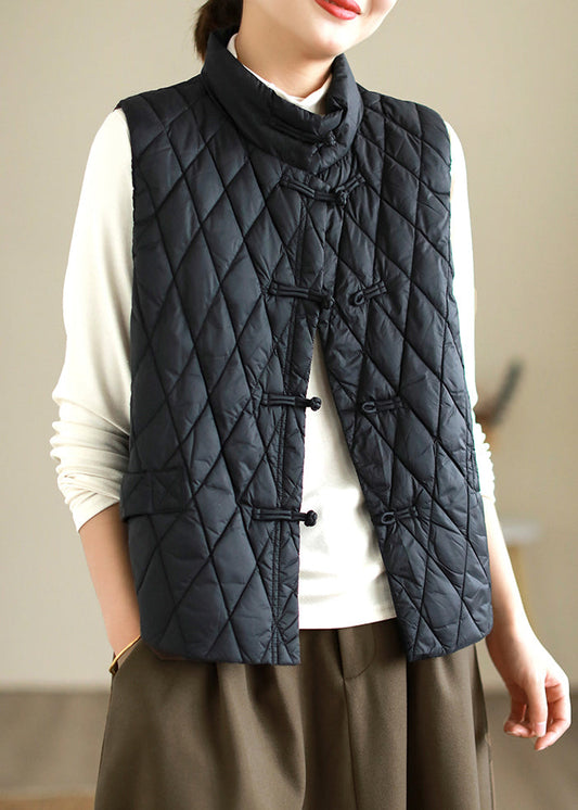 Beige Plaid Button Solid Fine Cotton Sleeveless Stand Collar