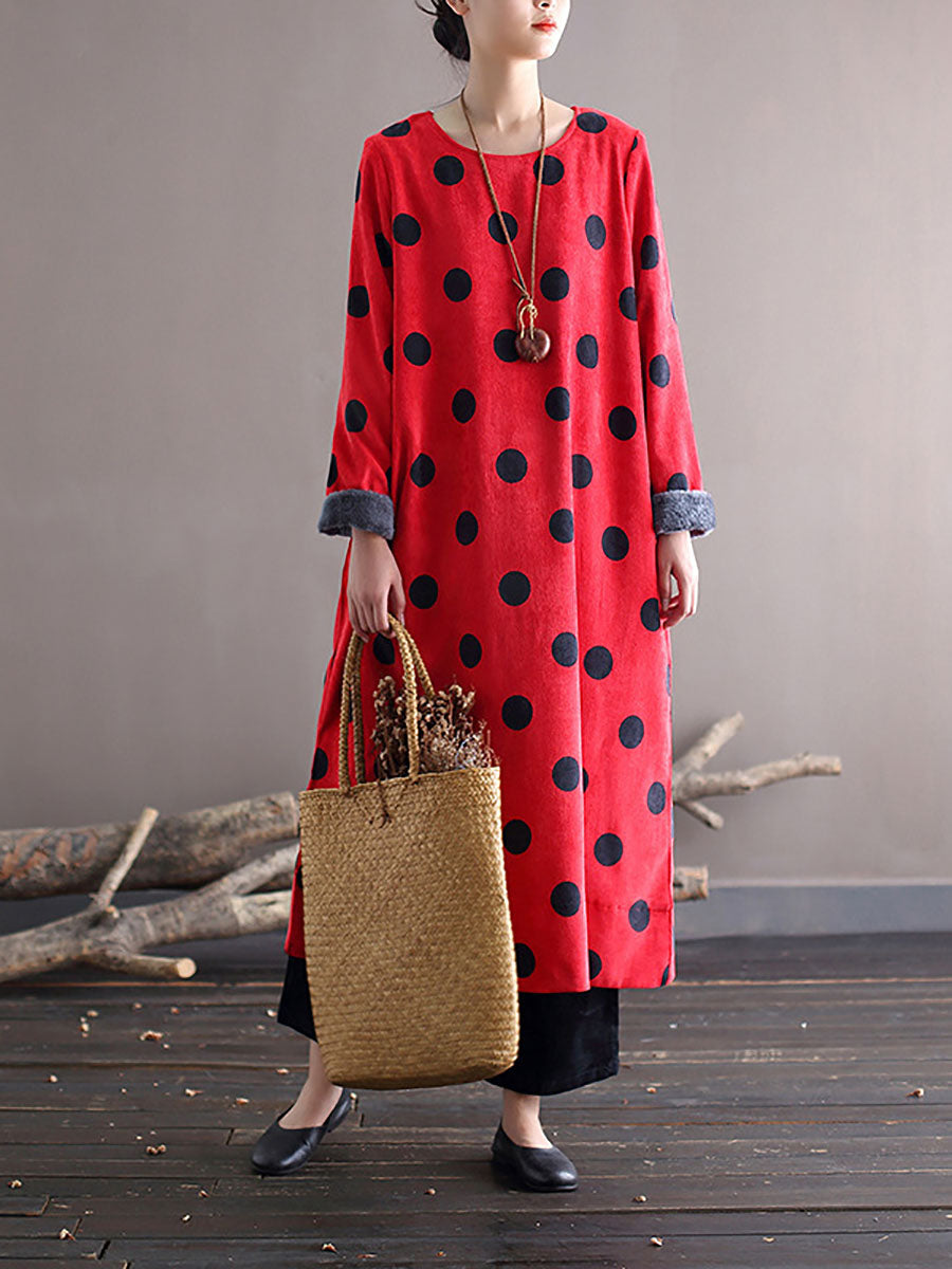 Women Winter Artsy Dot Corduroy Warm Long Dress