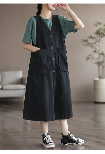 Mid Length Sleeveless Large Pocket V-Neck Plus Size Dress