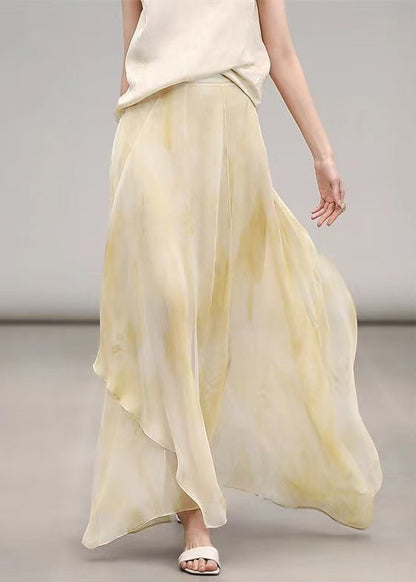 Elegant Yellow Print High Waist Chiffon Maxi Skirts Summer