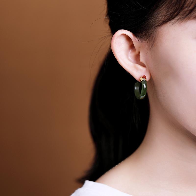 Women Retro Jade Inlaid Silver Earrings Studs