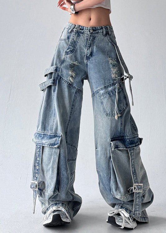 New Blue Pockets Hole High Waist Denim Wide Leg Pants Fall