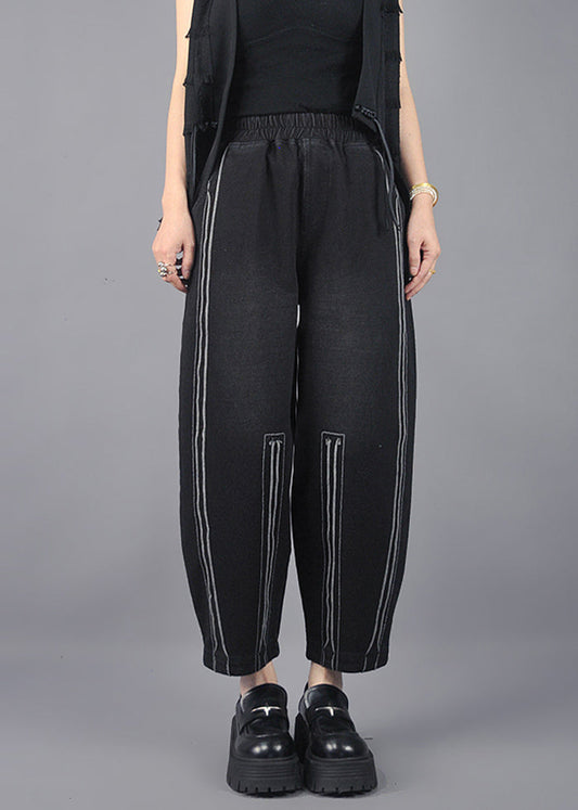 Classy Black Oversized Striped Cotton Harem Pants Spring