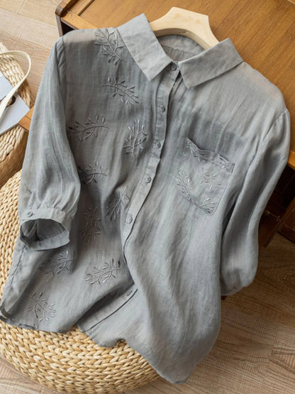 Embroidered 3/4 Sleeve Casual Linen Shirt Top With A Patch Pocket