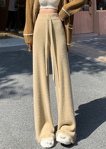 Khaki Elastic Waist Solid Mink Hair Knitted Flare Bottoms Tasseled