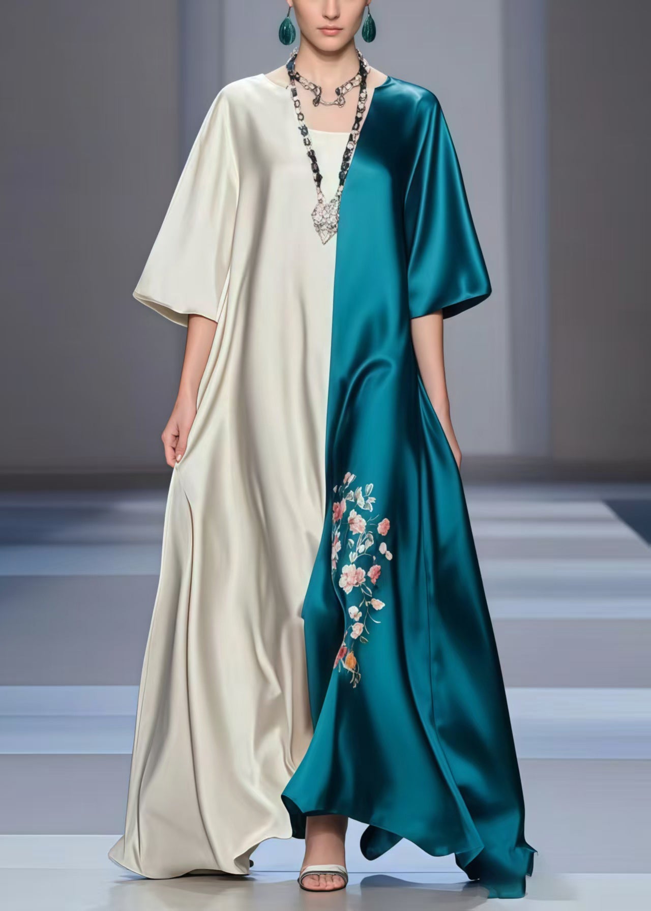 Chic Colorblock Oversized Patchwork Silk Maxi Dresses Summer