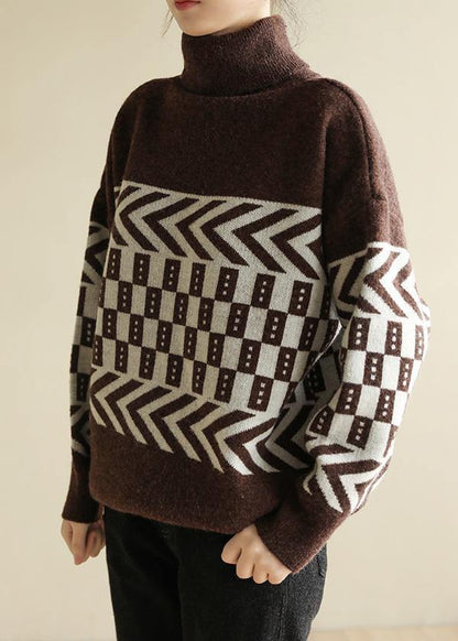 Women chocolate knitted pullover patchwork Loose fitting high neck sweaters