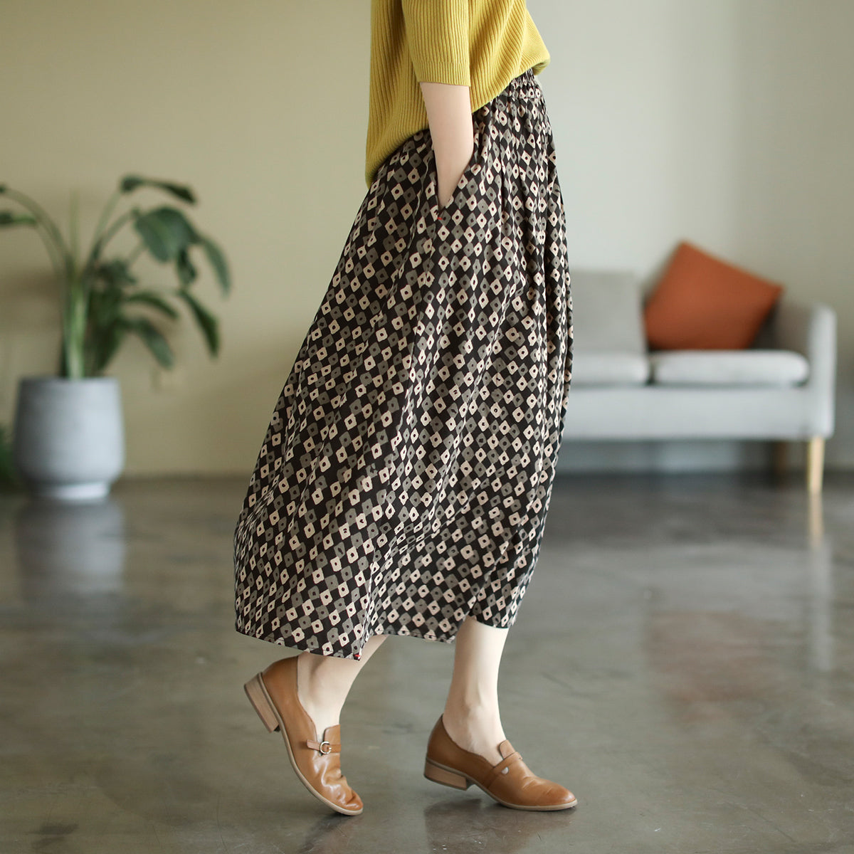 Cozy Loose Retro Print Cotton Linen A-Line Skirt