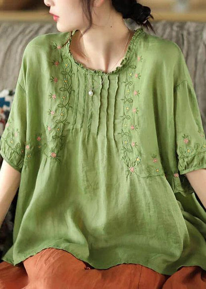 Women Green Floral Draped Ramie O-neck Embroidered Split T-shirt