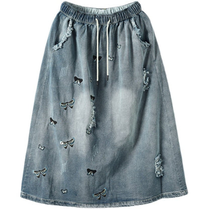 Retro Loose Embroidery A-Line Denim Skirt