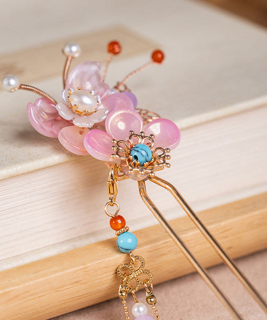 Fine Colorblock Alloy Pearl Turquoise Colored Glaze Floral Tassel Hairpin