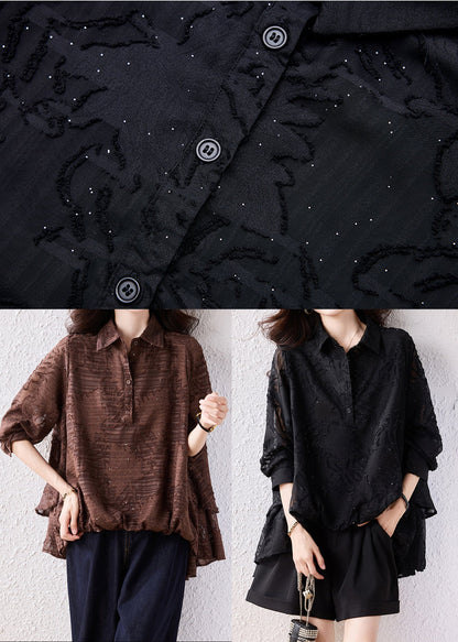 Modern Black Oversized Jacquard Chiffon Shirt Tops Fall