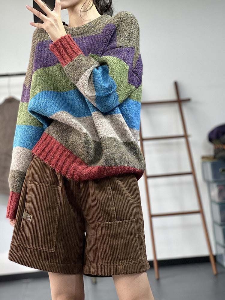 Rainbow Striped Knit Insulated Crewneck Sweater