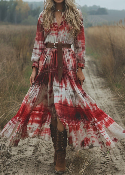 Women V Neck Tie Dye Cotton Pastoral Style Long Dress