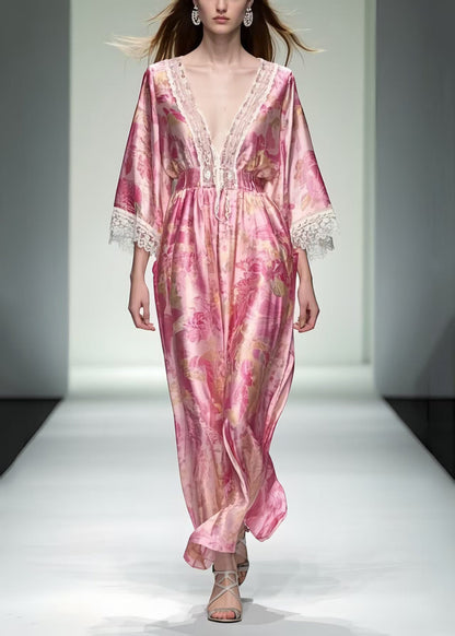 Women Pink Print Patchwork Lace Robe Dresses Summer
