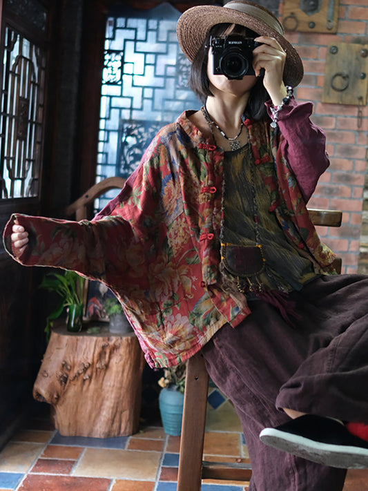Vintage Floral Colorblock Loose Women Shirt