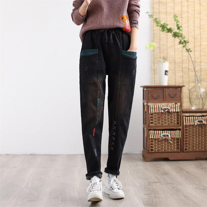 Women Winter Thicken Retro Embroidered Patchwork Elastic Jeans