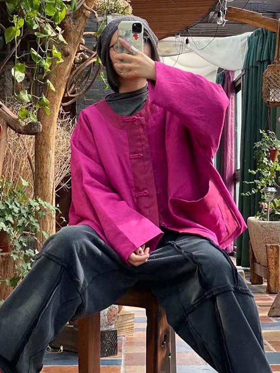 Women Vintage 100%Linen Solid Button Short Coat