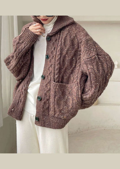 Fashion Coffee Peter Pan Collar Button Knit Winter Coat