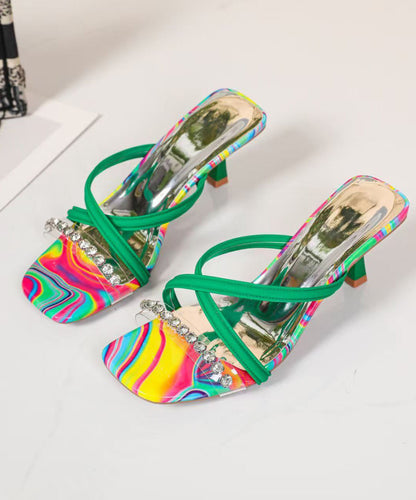 Green High Heel Faux Leather Beautiful Splicing Zircon Slide Sandals