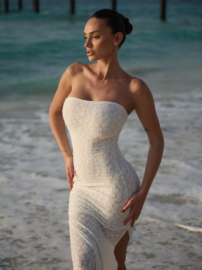 Sexy Bandeau Slim-Fit Slit Embroidered Dress
