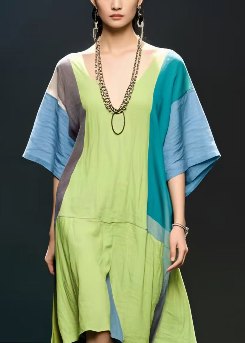 Chic Grass Green Oversized Patchwork Cotton Maxi Dress Summer