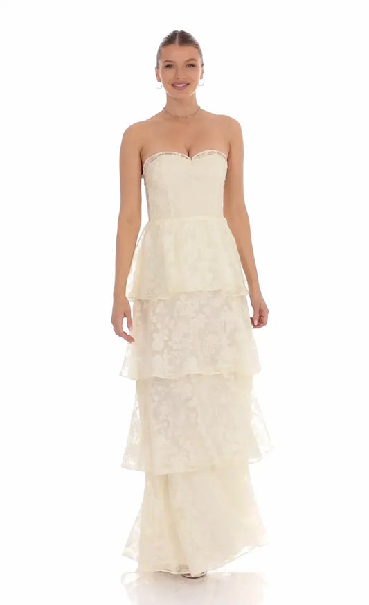 Floral Smocked Ruffle Maxi Dress In Cream