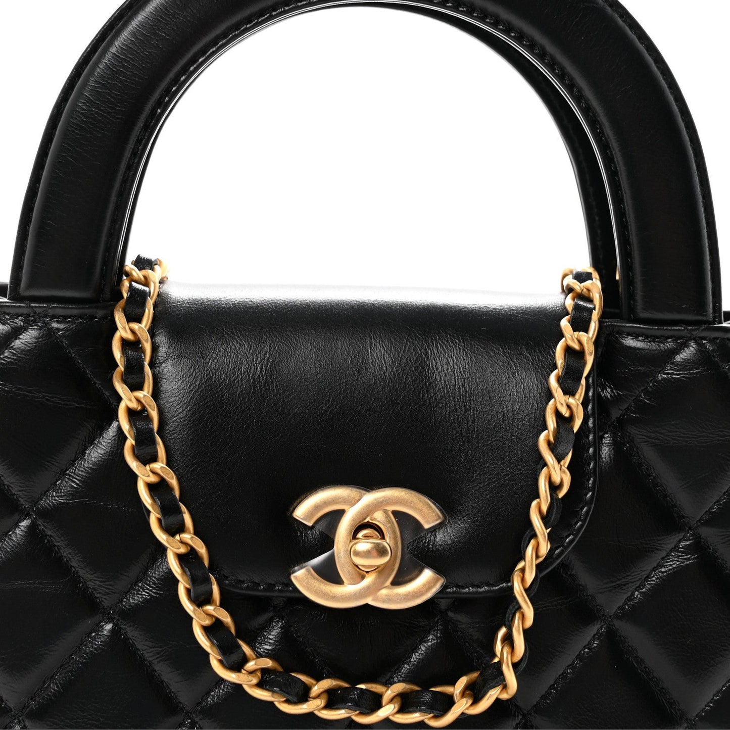 Shiny Aged Calfskin Quilted Nano Kelly Shopper Black