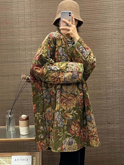 Winter Ethnic Button Floral Print Splict Hem Coat
