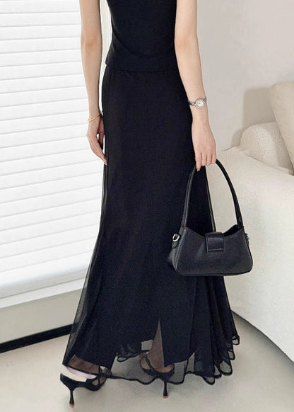 Slim Fit Black High Waist Solid Tulle Skirt Summer