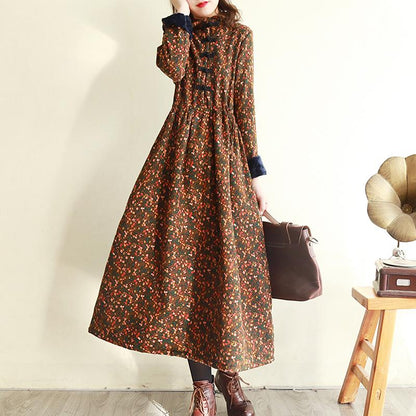 Autumn Winter Retro Floral Plush Thicken Dress