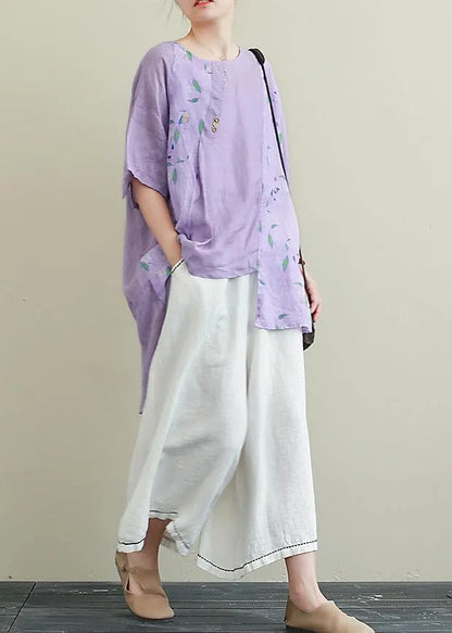 Literature and art ramie purple printed T-shirt female loose cotton blend nine points wide leg pants two-piece suit