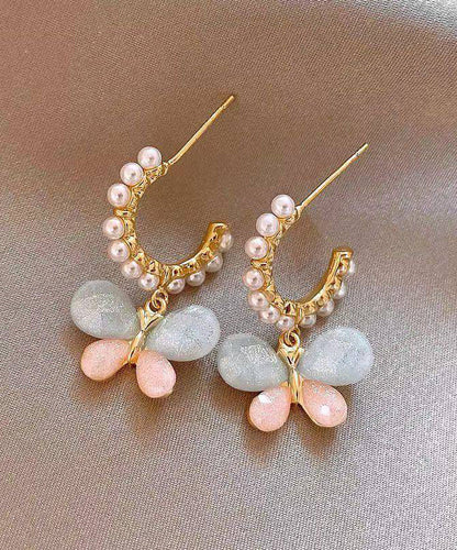 Cute Rainbow Alloy Pearl Butterfly Hoop Earrings