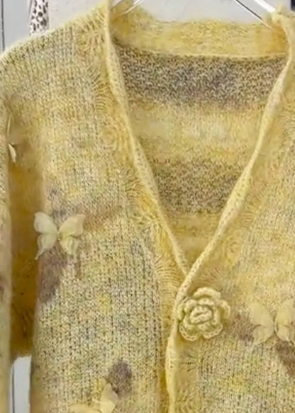 Casual Yellow Floral Fur Cotton Knit Cardigans Fall