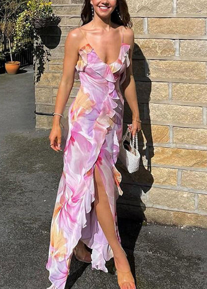 Women Purple Ruffled Print Cotton Spaghetti Strap Dress Summer