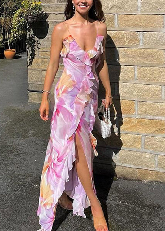 Women Purple Ruffled Print Cotton Spaghetti Strap Dress Summer