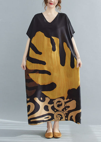 Plus size Loose Black V Neck Oversized Leaf Print Chiffon Long Dress Short Sleeve