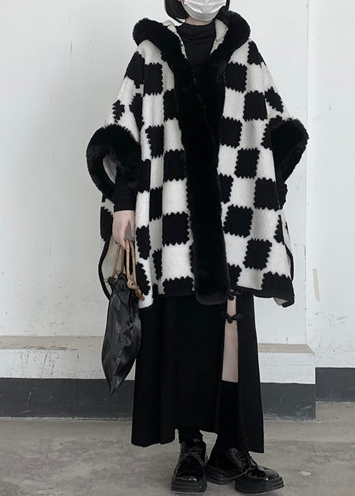 Beautiful White Oversized Plaid Woolen Hooded Jacket Winter