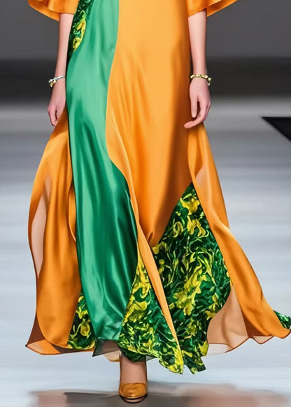 Bohemian Orange Oversized Patchwork Silk Long Dress Summer