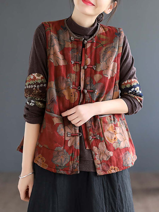 Women Artsy Ethni Floral Print Frog Waistcoat