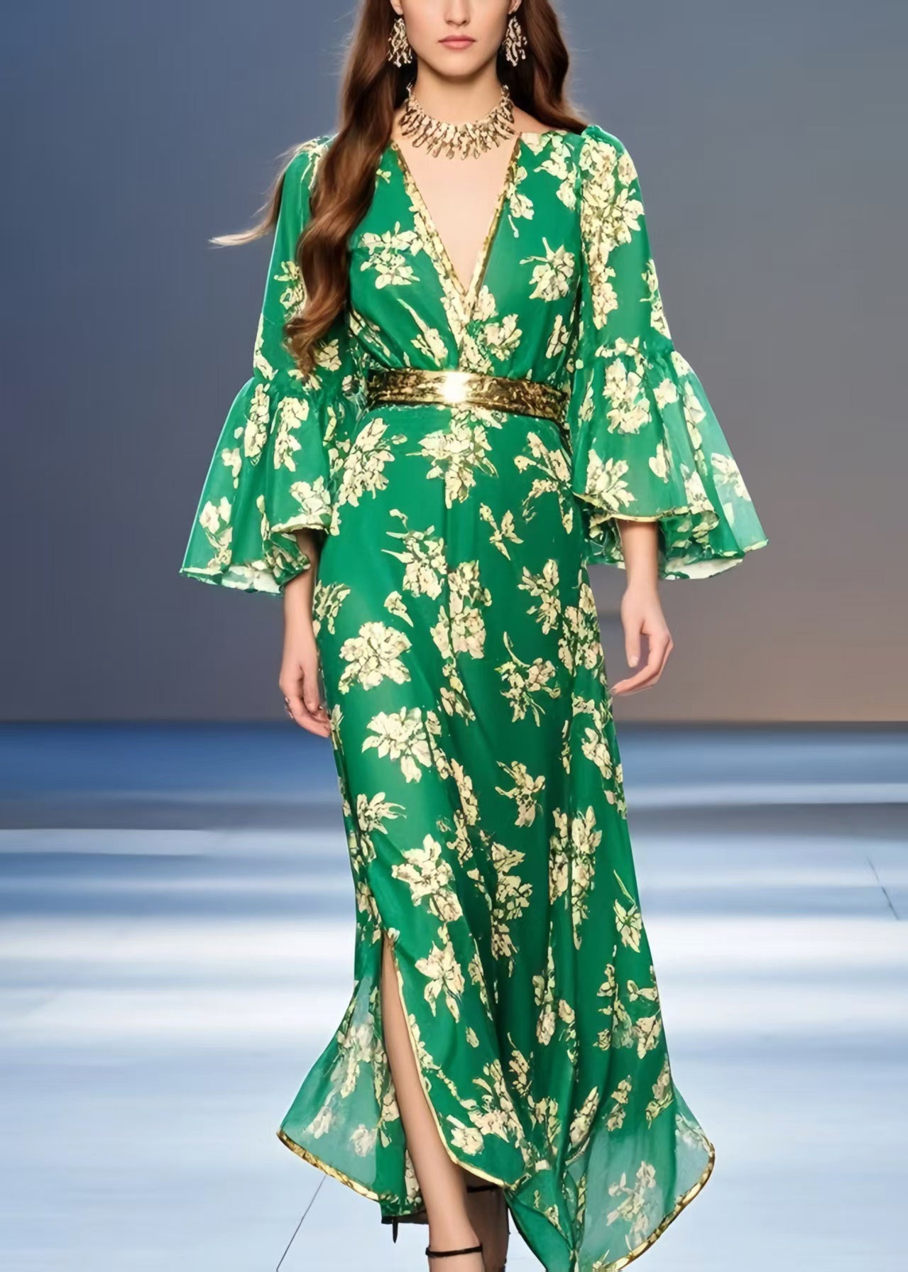 Casual Green Print Chiffon Tunic Dress Flare Sleeve