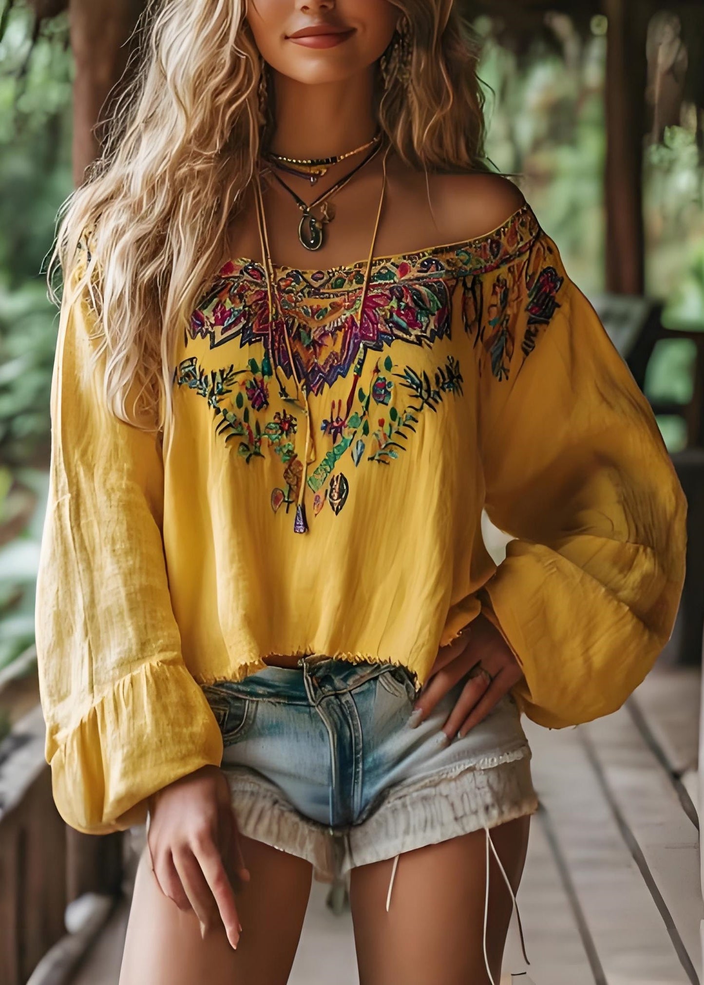 Bohemian Yellow Slash Neck Print Cotton T Shirts Spring