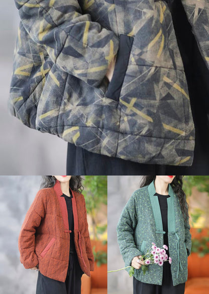 New Green Print Button Pockets Fine Cotton Parka