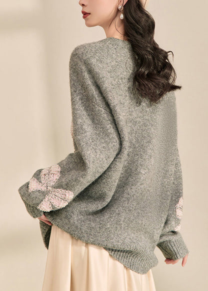 Loose Grey O-Neck Bow Cozy Cotton Knit Sweater Tops Fall
