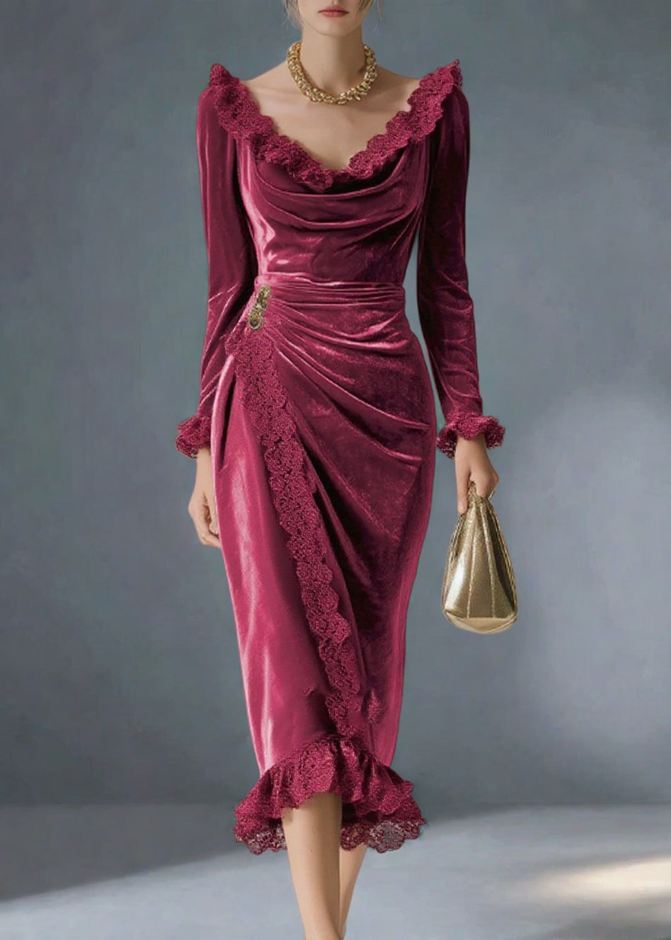 Women Mulberry V Neck Lace Patchwork Silk Velvet Party Dress Spring