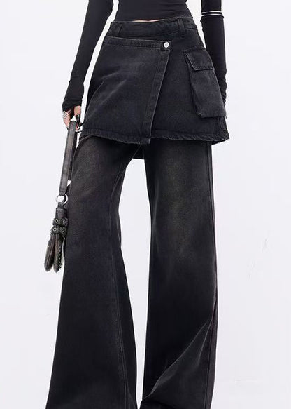 Modern Black False Two Pieces Patchwork Denim Flared Trousers Spring