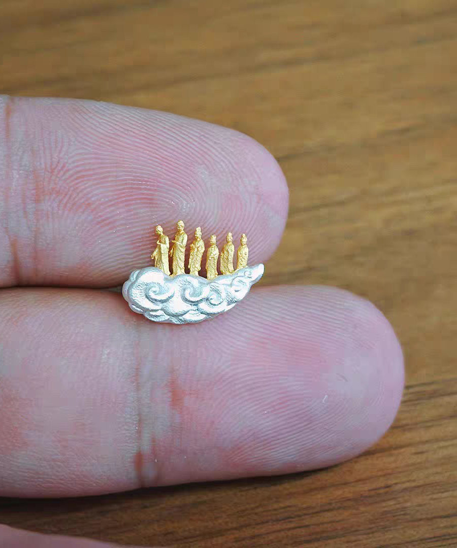 Vintage Gold Sterling Silver Overgild Auspicious Clouds Lotus Six Buddhas Stud Earrings