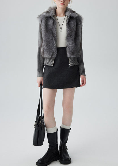 Casual Grey Peter Pan Collar Patchwork Faux Fur Knit Cardigan Winter