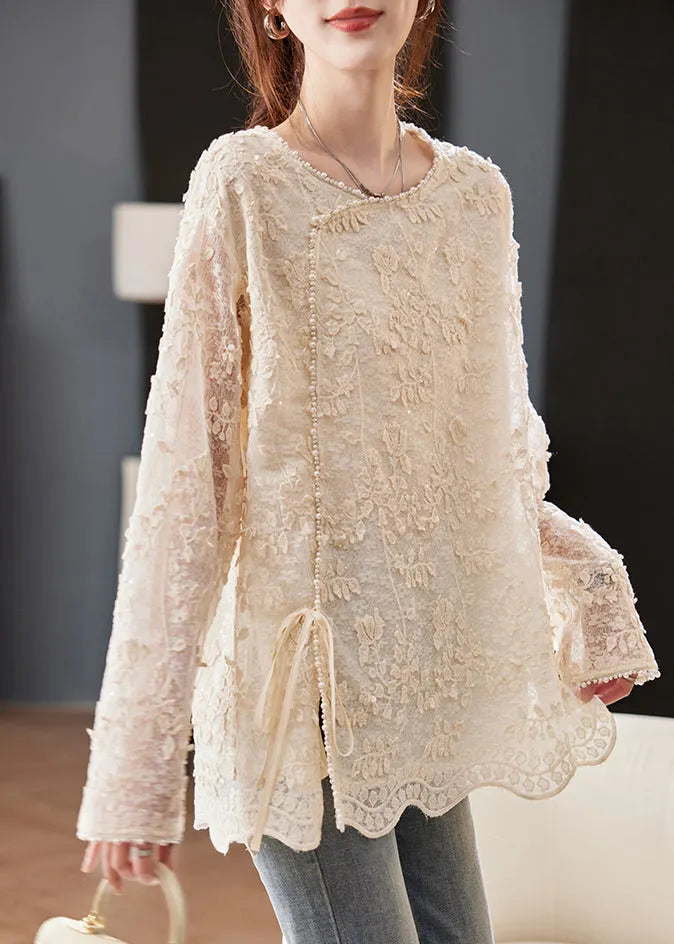 Casual Beige Embroidered Nail Bead Lace Up Chiffon Shirt Spring